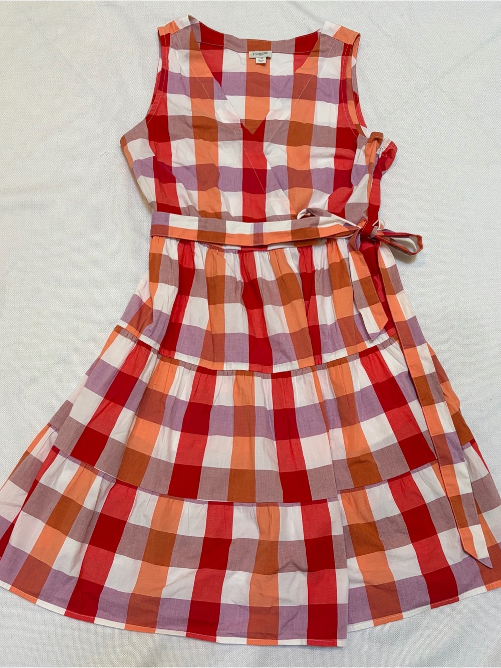 J Crew Faux Wrap Sleeveless Mini Dress 14 Red Orange Lt Purple Gingham Tiered